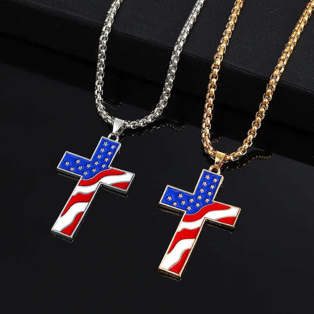 American Flag Necklace Jesus Christ Cross - Messiah Wear